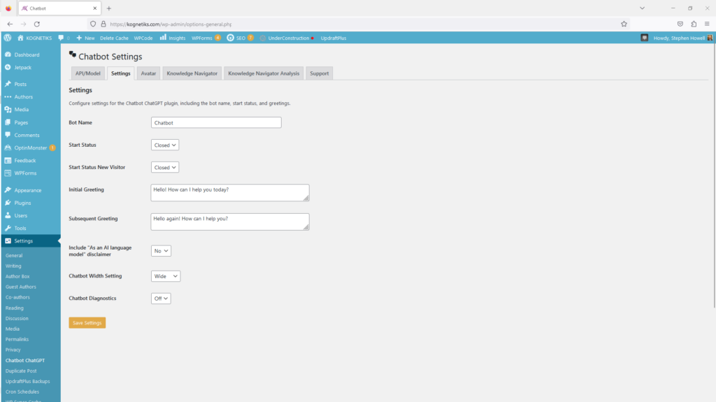 Chatbot ChatGPT - Settings Tab - Settings