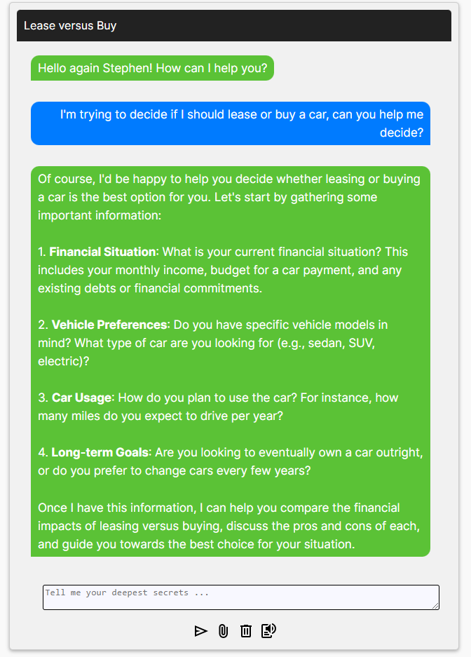 Kognetiks Chatbot -Lease Versus Buy Assistant Interaction