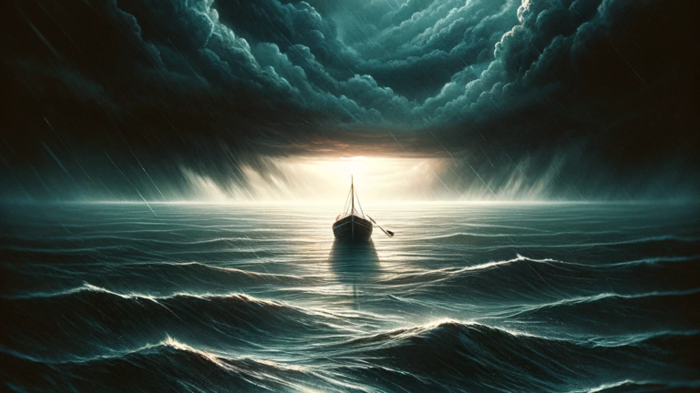 Lonely vessel seeks horizon, finds storm.