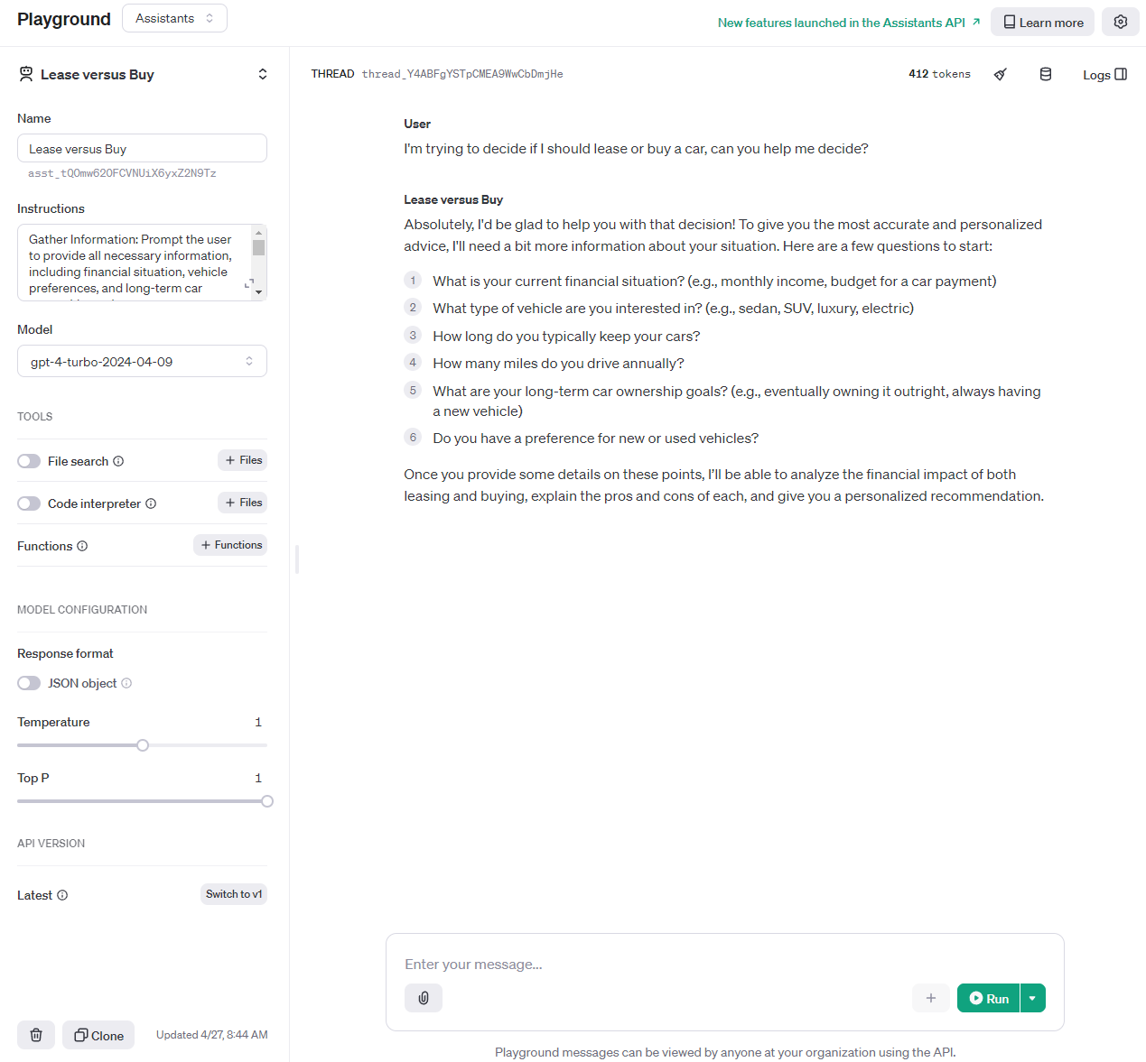 OpenAI Playground Lease Versus Buy