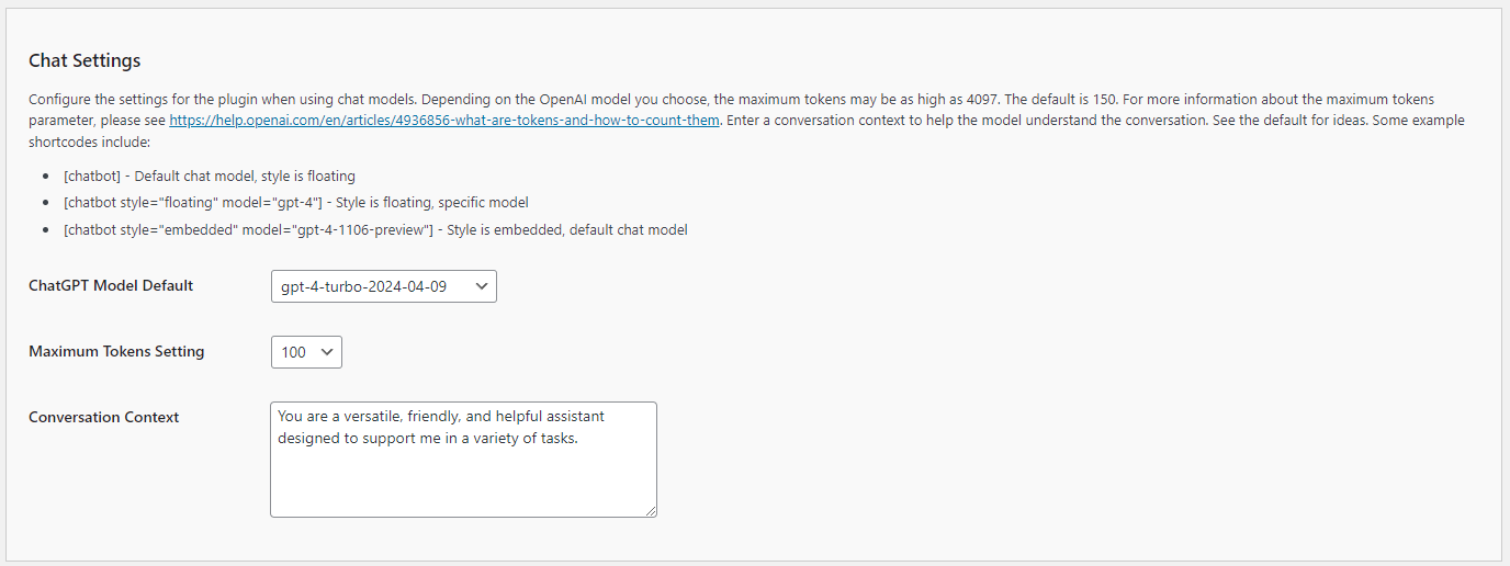 Kognetiks Chatbot - Updated Model Settings