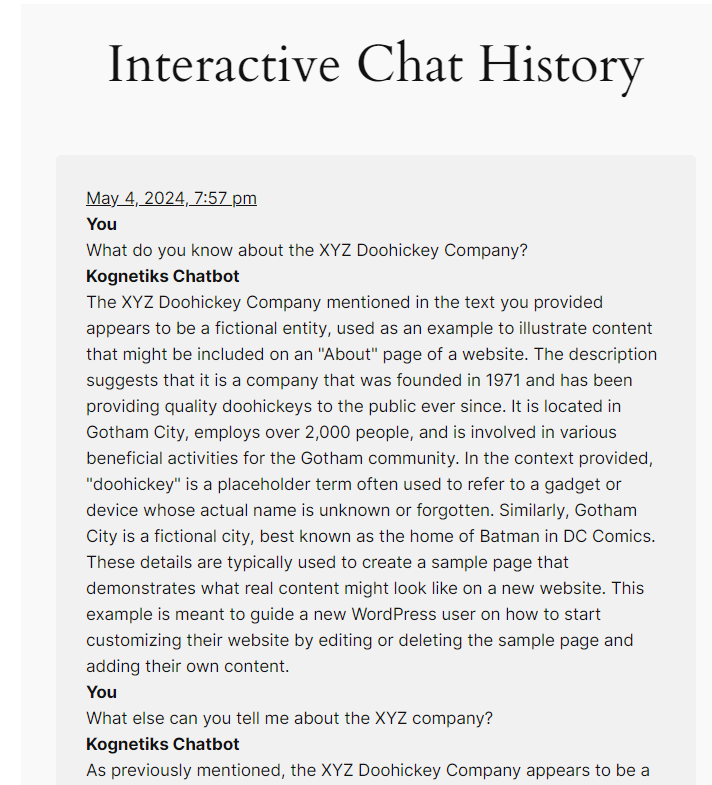 Kognetiks Chatbot - Conversation History